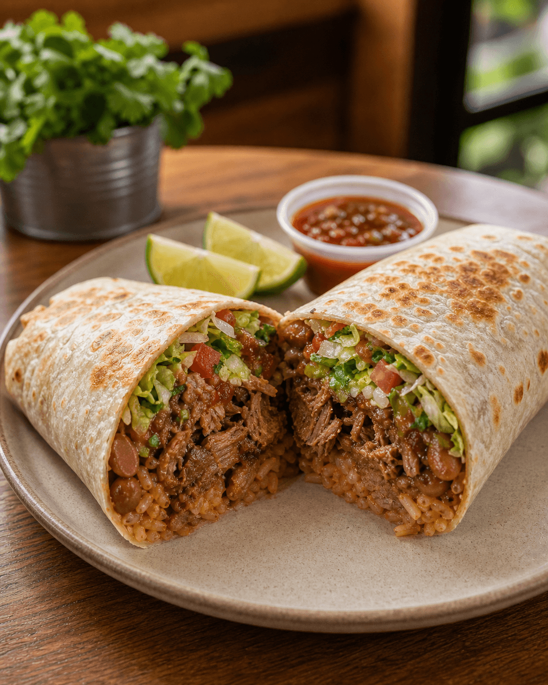 Burrito cortado con carne y salsa