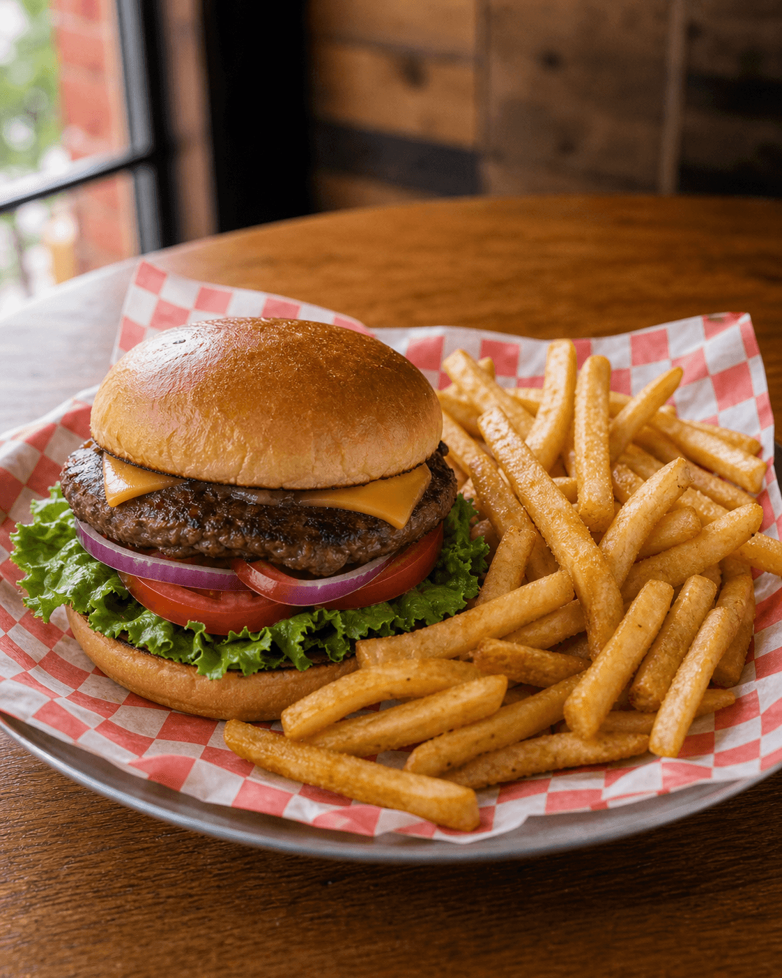 Hamburguesa con papas en charola casual