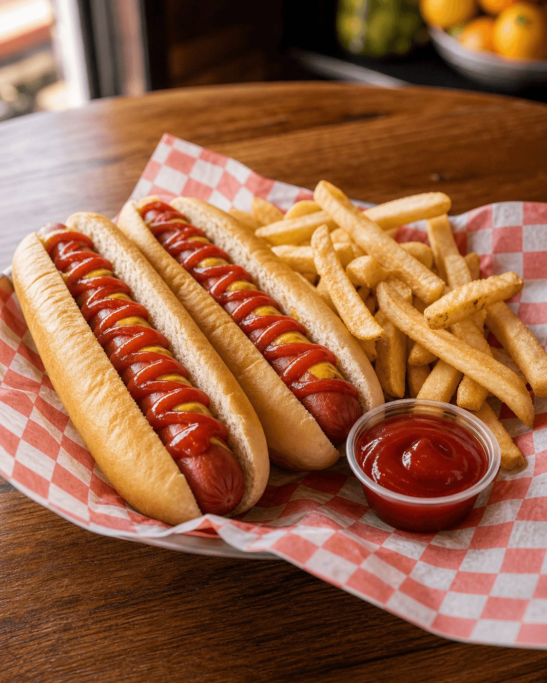 Hot dogs con papas en charola casual