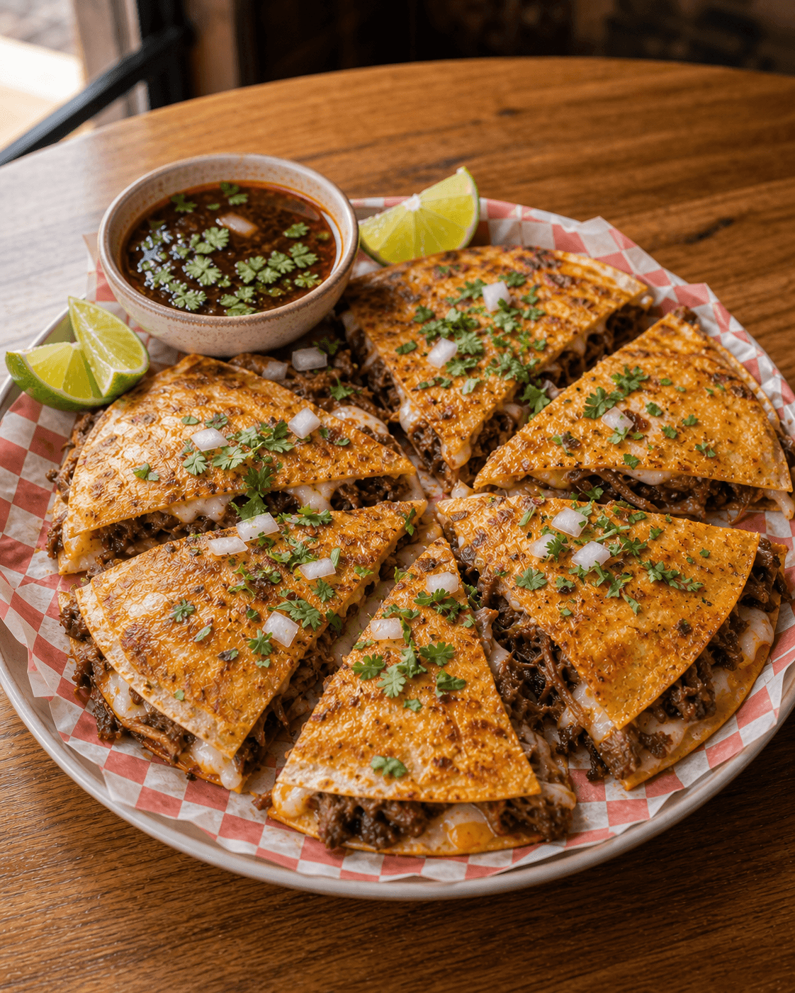 Pizza birria cortada con queso y birria