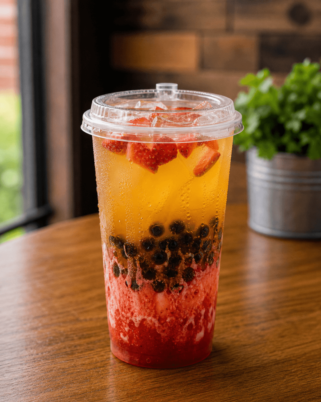 Sonrisa de fresa con boba en vaso transparente