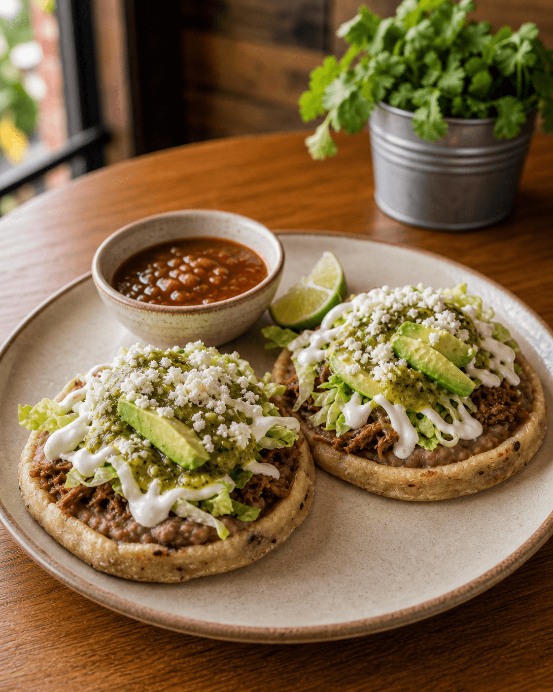 Sopes con carne, crema, queso y salsa