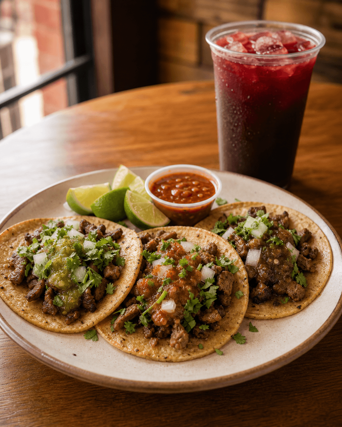 Tres tacos con bebida y salsas