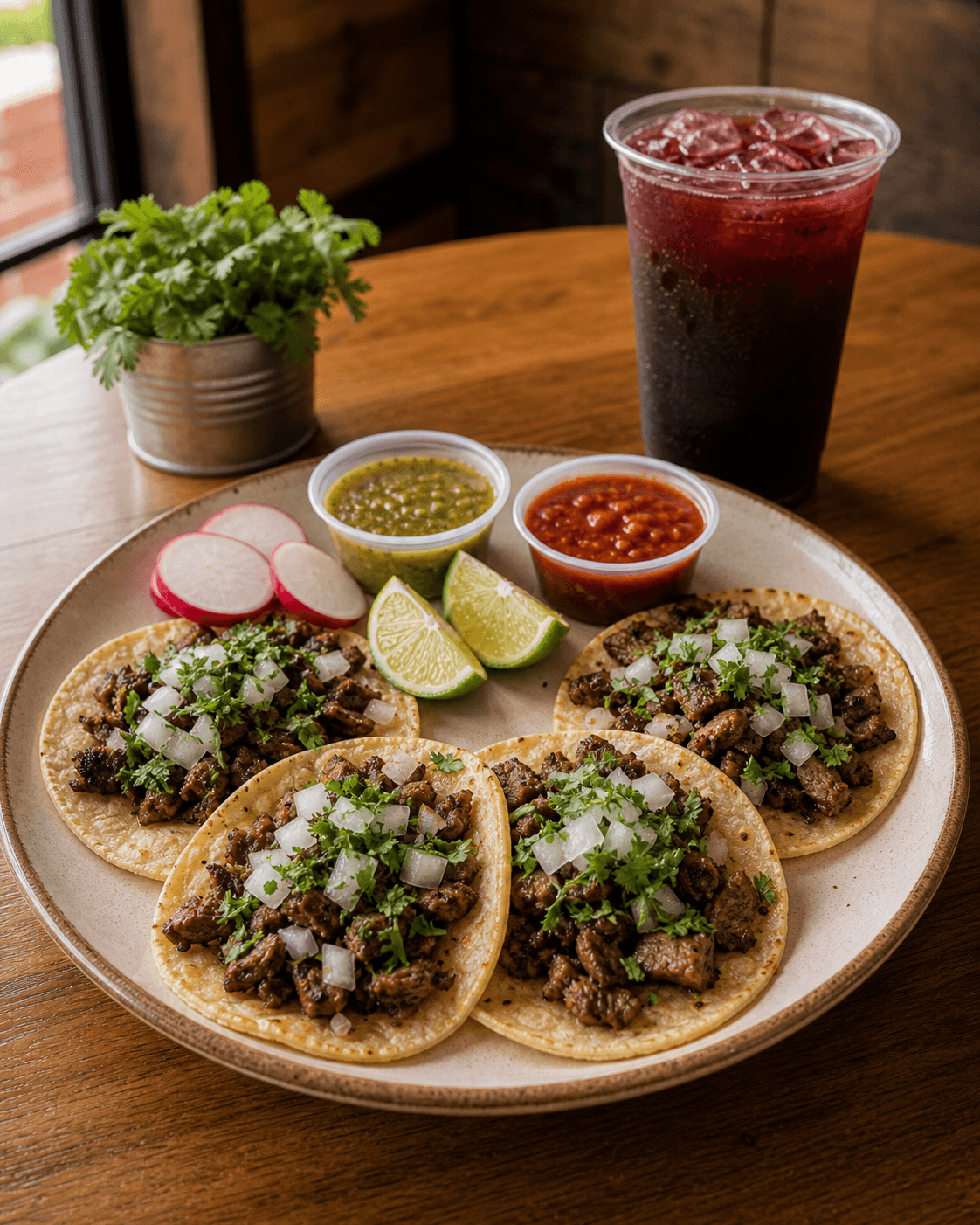 Cuatro tacos con bebida, limón y salsas