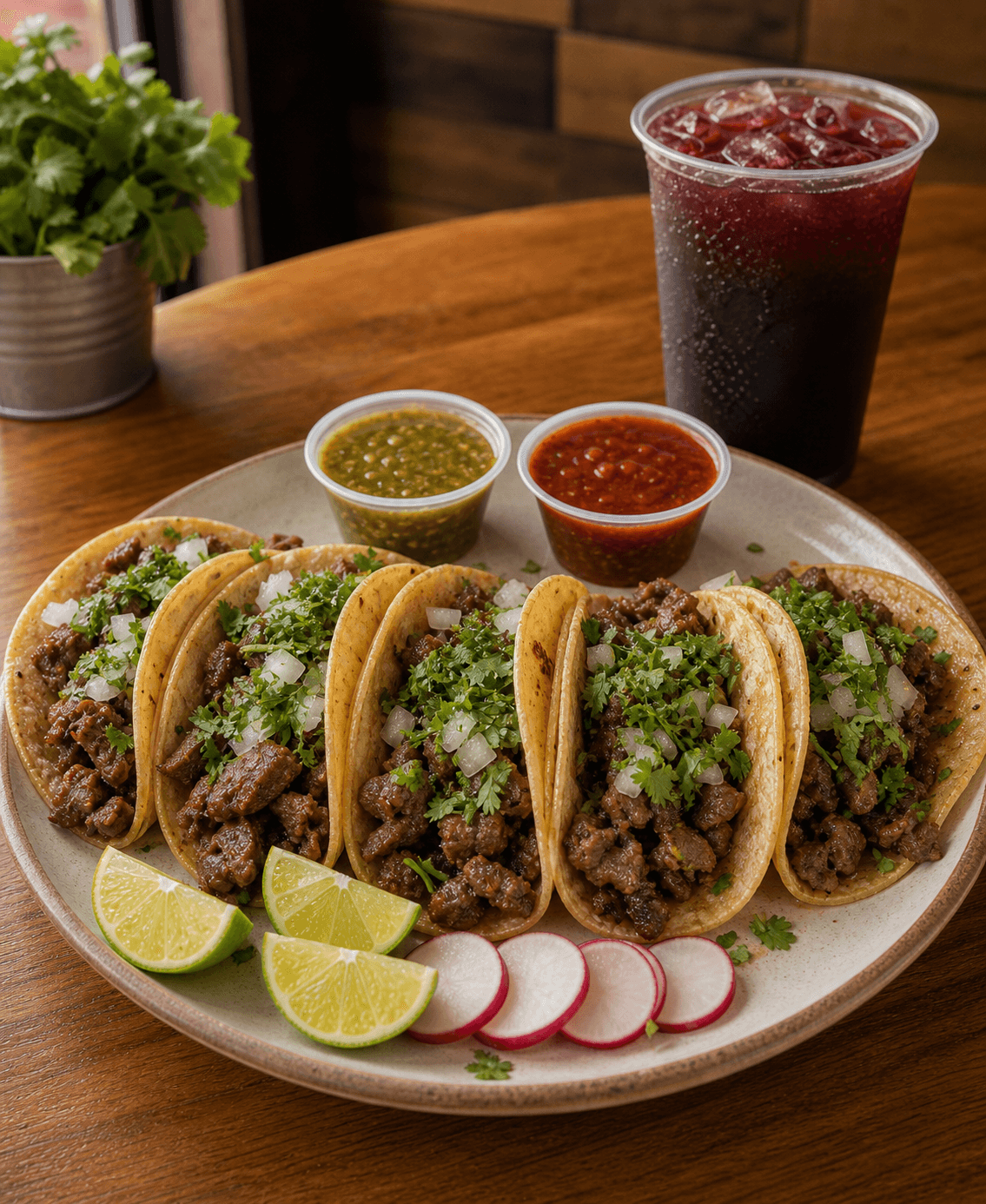 Cinco tacos con bebida y limones