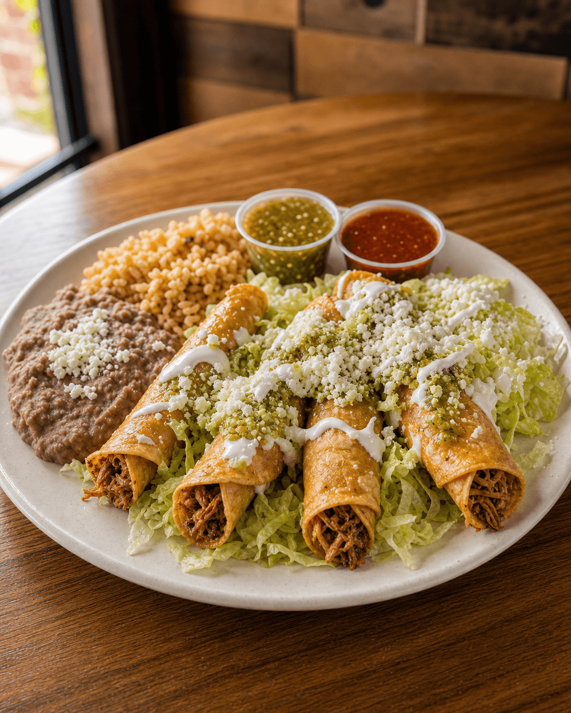 Tacos dorados con lechuga, crema y salsa